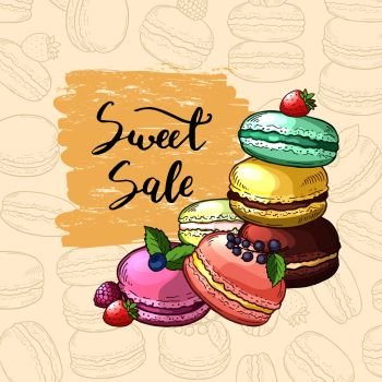 Vector sale background with colored hand drawn macaroons for pastry shop. Macaroon and cake vintage, colored confectionery illustration. Vector sale background with colored hand drawn macaroons for pastry shop