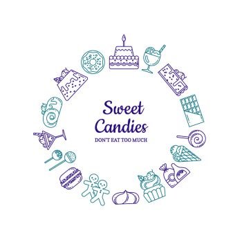 Vector linear style sweets icons in form of circle with place for text in center illustration. Vector linear style sweets icons