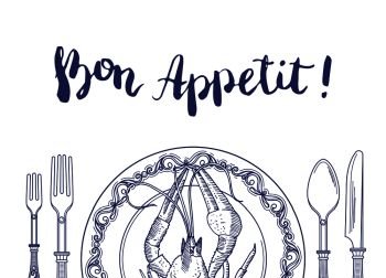 Vector background with place for text and hand drawn tableware with lobster on plate illustration. Vector background with place for text and hand drawn tableware