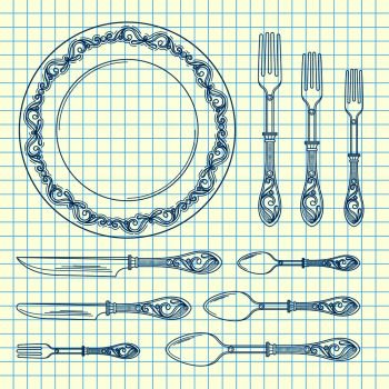 Vector set of hand drawn tableware on cell sheet illustration. Vector set of hand drawn tableware