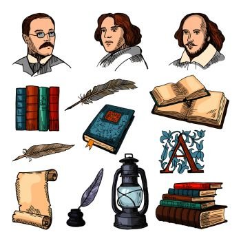 Colored symbols of literature and theatre. Doodle pictures set. Vector literature book, paper and pen, famous writer illustration. Colored symbols of literature and theatre. Doodle pictures set