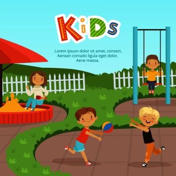 Funny different kids playing on playground. Childhood and child in kindergarten, vector illustration. Funny different kids playing on playground
