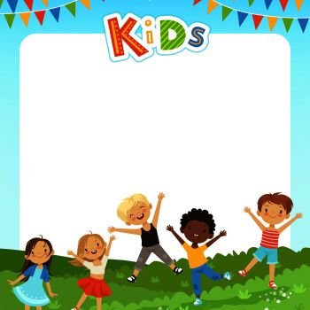Background cartoon illustration with different kids and empty place for your text. Banner poster with children cartoon, boy and girl vector. Background cartoon illustration with different kids and empty place for your text