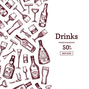 Vector banner or poster hand drawn linear style alcohol drink bottles and glasses background illustration with place for text. Vector hand drawn alcohol drink bottles and glasses background illustration with place for text