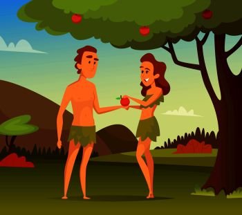 Background picture of Biblical story. Temptation Of Adam. Illustration of first man and woman. Vector male and female in apple garden. Background picture of Biblical story. Temptation Of Adam. Illustration of first man and woman