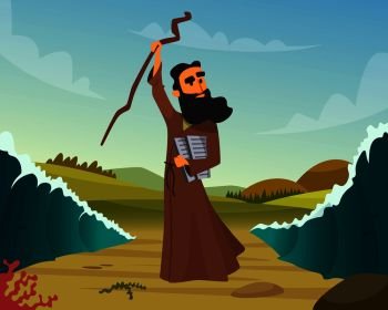 Vector historical illustration of biblical story. Miracle religion, moses and sea wave. Vector historical illustration of biblical story