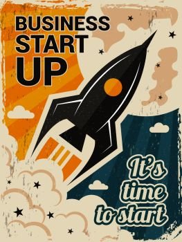 Vintage startup poster. Business launch concept with rocket or space shuttle start vector placard in retro style. Illustration of rocket launch startup, banner with shuttle. Vintage startup poster. Business launch concept with rocket or space shuttle start vector placard in retro style