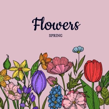 Vector hand drawn flowers background with place for text illustration. Floral flower, vintage nature and flourish springtime. Vector hand drawn flowers background with place for text illustration