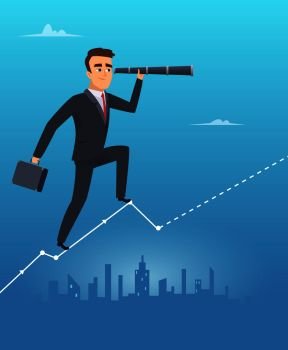 Business vision concept. Male businessman stands on chart looks through telescope professional control corporate growth vector. Illustration of business male with telescope. Business vision concept. Male businessman stands on chart looks through telescope professional control corporate growth vector