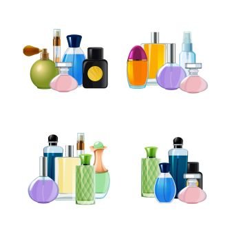 Vector piles of perfume bottles set illustration isolated on white background. Vector piles of perfume bottles set illustration