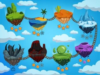 Game level map. Mobile ui stages with various isometric islands with rock grass ice water and volcano vector template. Game platform with rock and mountain, island soar illustration. Game level map. Mobile ui stages with various isometric islands with rock grass ice water and volcano vector template