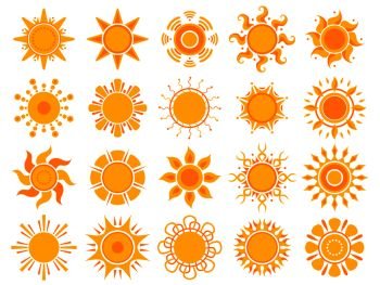 Yellow sun icon. Orange weather sunshine summer vector abstract symbols isolated. Illustration of sun summer, shine warm, sunlight bright, sunbeam solar. Yellow sun icon. Orange weather sunshine summer vector abstract symbols isolated