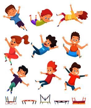 Kids jumping. Trampoline childrens athletic playing on playground active games vector cartoon people. Illustration of sport trampoline for kids, jump and fun. Kids jumping. Trampoline childrens athletic playing on playground active games vector cartoon people