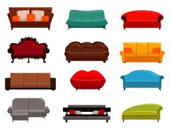 Sofa collection. Comfortable couch and sofa-bed set, interior fashion sofas furniture, house modern canaps vector colored illustration on white. Sofa collection. Comfortable couch and sofa-bed set, interior fashion sofas furniture, house modern canaps vector colored illustration