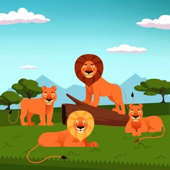 Lion pride landscape. Wild fur animal hunters background vector zoo concept. Family of lions, safari africa illustration. Lion pride landscape. Wild fur animal hunters background vector zoo concept