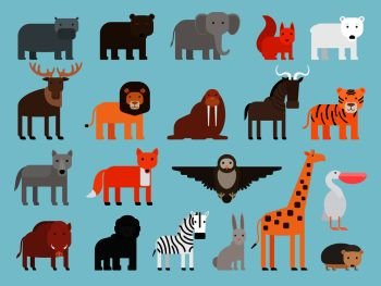 Zoo animals flat colorful icons on blue background. Vector illustration. Zoo animals flat icons