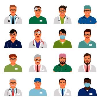 Doctor profile heads vector illustration. Medicine physician men face portrait icons isolated on white background. Medicine physician men face portrait icons