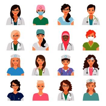 Medicine avatars set with female doctors and nurses vector icons isolated on white. Female doctors and nurses avatars set