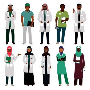 Muslims healthcare staff. Standing arab muslim physician doctor and arabian nurse vector isolated on white background. Muslim doctor and arabian nurse icons