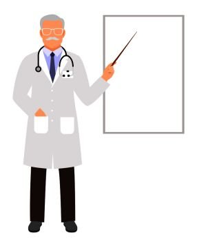 Doctor presentation. Medical lecture, physician teaching and showing on white clipboard vector illustration. Doctor presentation illustration