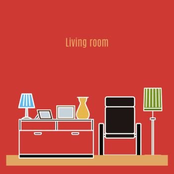 Living room interior design in line art style. Vector illustration. Living room interior design