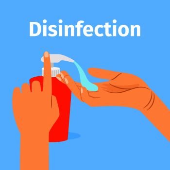Disinfection concept. Liquid soap with pumping from bottle. Applying a moisturizing sanitizer. Woman washing hands vector illustration. Disinfection concept.. Woman washing hands