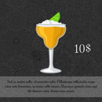 Alcoholic yellow cocktail card template with price and patterned background. Vector illustration. Alcoholic yellow cocktail card template