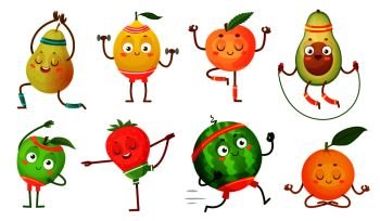 Fruit characters yoga. Fruits in fitness exercises poses, wellness food and funny sport fruit. Tropical fruit workout pose, healthy gym sport character. Isolated cartoon vector icons illustration set. Fruit characters yoga. Fruits in fitness exercises poses, wellness food and funny sport fruit cartoon vector illustration set