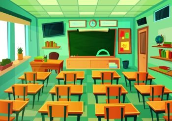 Empty cartoon classroom. School exam room with elementary class chalkboard and blackboard desks lesson college supplies students. Modern mathematical classrooms table interior vector illustration. Empty cartoon classroom. School room with class chalkboard and desks. Modern mathematical classrooms interior vector illustration