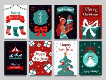 Christmas postcard. Garlands on xmas tree, Happy New year postcards and december winter holidays cards. 2020 christmas party invitation poster or greeting card isolated vector bundle. Christmas postcard. Garlands on xmas tree, Happy New year postcards and december winter holidays cards vector bundle