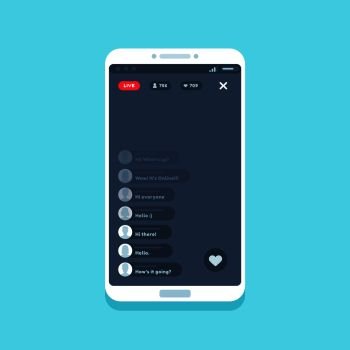 Live video stream on phone. Online videos stories streaming on smartphone screen app interface, internet chat comments living streams UI button device vector flat illustration. Live video stream on phone. Online videos stories streaming on smartphone screen, chat comments living streams UI vector illustration