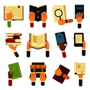 Hands with books. Holding book in hand, reading ebook and reader learning open notebook textbook icon, hand holding note and ebook. Reading text students study, paper vector isolated icons set. Hands with books. Holding book in hand, reading ebook and reader learning open textbook icon. Reading vector icons set