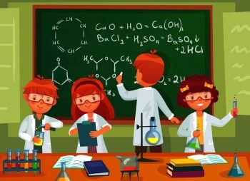School kids study chemistry. Children pupils studying science and writing at class blackboard, smart student in uniform playing and education with lab chalkboard cartoon vector illustration. School kids study chemistry. Children pupils studying science and writing at laboratory class blackboard cartoon vector illustration