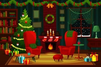 Decorated christmas room. Winter holiday interior decorations, armchair near fireplace and xmas tree with gifts, new year holidays cozy house with flames chimney. 2019 vector background illustration. Decorated christmas room. Winter holiday interior decorations, armchair near fireplace and xmas tree vector background illustration