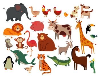 Cartoon animals. Cute elephant and lion, giraffe and crocodile, cow and chicken, dog and cat animal. Farm and savanna wild forest and marine or zoo animals vector isolated icons set. Cartoon animals. Cute elephant and lion, giraffe and crocodile, cow and chicken, dog and cat. Farm and savanna animals vector set