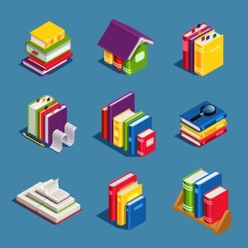 Isometric books. Pile of book, open and closed textbooks. Library and school education textbook or office paper work, books stack for wisdom, standing notebook 3d vector isolated icons set. Isometric books. Pile of book, open and closed textbooks. Library and education 3d vector icons