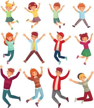 Jumping kids. Excited childrens jump, happy jumped teenagers and smiling child jumps cartoon vector illustration set