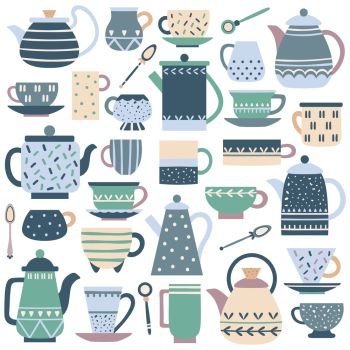 Ceramic kitchen teacup. Porcelain tea service, china teapot and plate dishes. Tea cup and spoon ceramics home dessert serving traditional tableware vector isolated icons set. Ceramic kitchen teacup. Porcelain tea service, china teapot and plate dishes vector set
