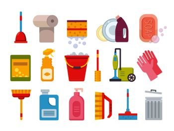 Cleaning supplies. Home clean tools. Brush, bucket window wipes and chemicals tool. Broom, antiseptic wipes and rubber gloves washing detergents vector isolated icons set. Cleaning supplies. Home clean tools. Brush, bucket window wipes and chemicals tool vector isolated set