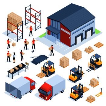 Isometric warehouse logistic. Cargo transport industry, wholesale distribution logistics and distributed pallets. People with package, world truck packaging delivery company 3d isometric vector set. Isometric warehouse logistic. Cargo transport industry, wholesale distribution logistics and distributed pallets 3d isometric vector set