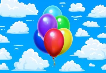 Bunch balloons in clouds. Cartoon blue cloudy sky and colorful 3d glossy balloons. Helium air balloon in sky, birthday party fun or carnival joy vector illustration. Bunch balloons in clouds. Cartoon blue cloudy sky and colorful 3d glossy balloons vector illustration