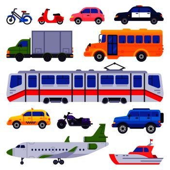 Public transport. Taxi car vehicle, city train and urban transporter. Road transport tram, train motorcycle and plane. Transportation isolated cars vector icons collection. Public transport. Taxi car vehicle, city train and urban transporter isolated cars vector collection