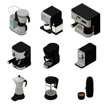 Coffee maker icons set. Isometric set of coffee maker vector icons for web design isolated on white background. Coffee maker icons set, isometric style