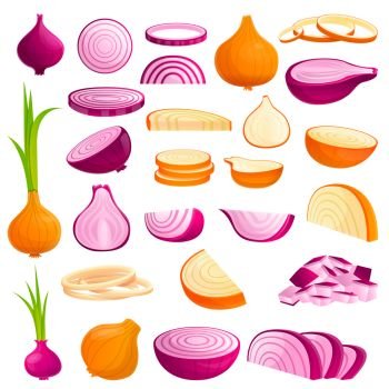 Onion icons set. Cartoon set of onion vector icons for web design. Onion icons set, cartoon style