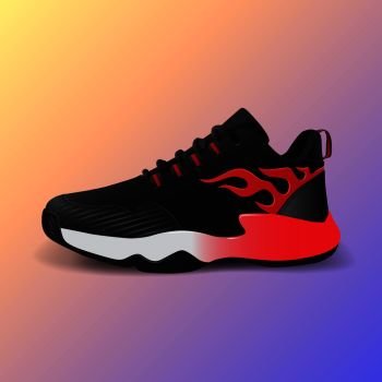 Realistic sport running shoe for training and fitness on gradient background, trendy black and red sneakers, vector illustration. Realistic sport running shoe for training and fitness