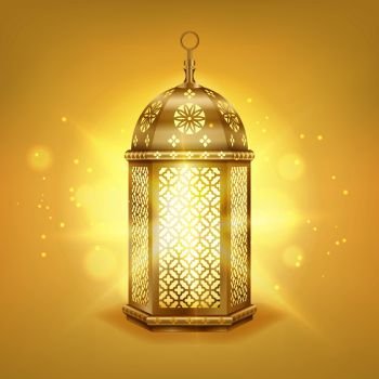 Single realistic gold arabic lantern - Shiny gold vintage metal lantern with arabic pattern, vector illustration.. Single realistic gold arabic lantern - Shiny gold vintage metal lantern with arabic pattern, vector illustration