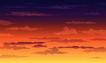 Sunset sky in yellow-violet color with clouds, gradient, landscape, background with clouds, vector illustration. Sunset sky in yellow-violet color with clouds