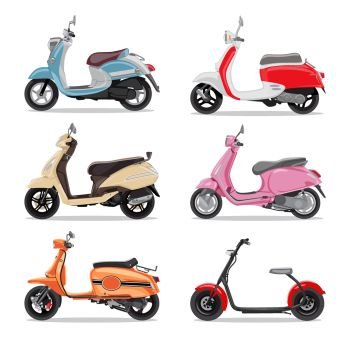 Set of colorful moped in flat style side view. Moped for delivery, scooter for tourism. Vector illustration.. Set of colorful moped in flat style side view.