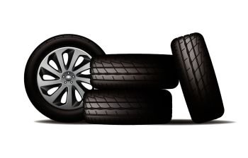 Realistic new black car wheels stack isolated on white background, four tires, vector illustration. Realistic new black car wheels stack, four tires