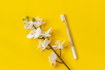 Natural eco-friendly bamboo brush and orhid flower on paper yellow background. Copy space for text or your design Top view Flat lay.. Natural eco-friendly bamboo brush and orhid flower on paper yellow background. Copy space for text or your design Top view Flat lay